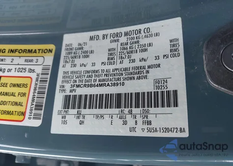 2021 Ford Bronco Sport Big Bend из США, поврежденный, VIN 3FMCR9B64MRA38910